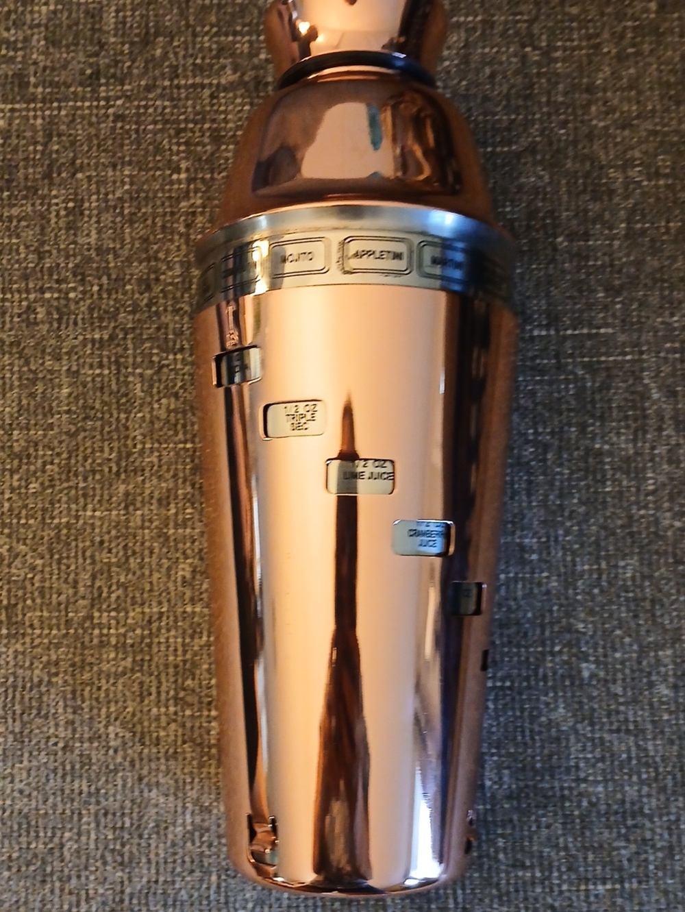 Copper Cocktail Shaker with Recipe Tabs - Rose Copper Bar Accessory